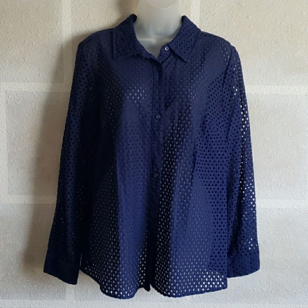 Denim & Company Navy Blue Eyelet Cut Top